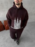 Мужской Базовый Теплый Коричневый Спортивный Костюм с Принтом – Толстовка Штаны с Начесом