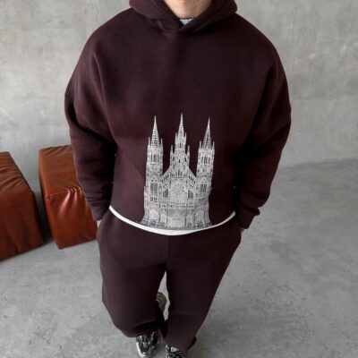 Мужской Базовый Теплый Коричневый Спортивный Костюм с Принтом – Толстовка Штаны с Начесом