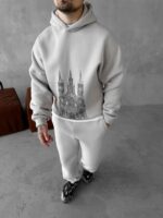 Мужской Базовый Теплый Серый Спортивный Костюм с Принтом – Толстовка Штаны с Начесом