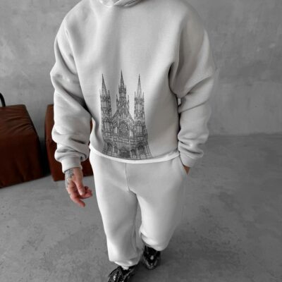 Мужской Базовый Теплый Серый Спортивный Костюм с Принтом – Толстовка Штаны с Начесом