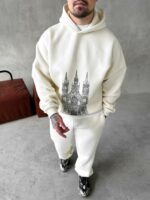 Мужской Базовый Теплый Молочный Спортивный Костюм с Принтом – Толстовка Штаны с Начесом