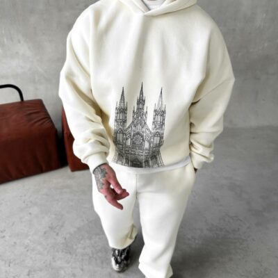 Мужской Базовый Теплый Молочный Спортивный Костюм с Принтом – Толстовка Штаны с Начесом
