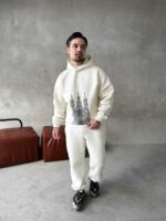 Мужской Базовый Теплый Молочный Спортивный Костюм с Принтом – Толстовка Штаны с Начесом