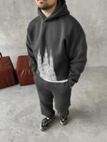 Мужской Базовый Теплый Графитовый Спортивный Костюм с Принтом – Толстовка Штаны с Начесом