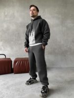 Мужской Базовый Теплый Графитовый Спортивный Костюм с Принтом – Толстовка Штаны с Начесом