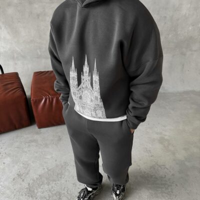 Мужской Базовый Теплый Графитовый Спортивный Костюм с Принтом – Толстовка Штаны с Начесом