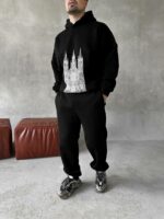 Мужской Базовый Теплый Черный Спортивный Костюм с Принтом - Толстовка Штаны с Начесом