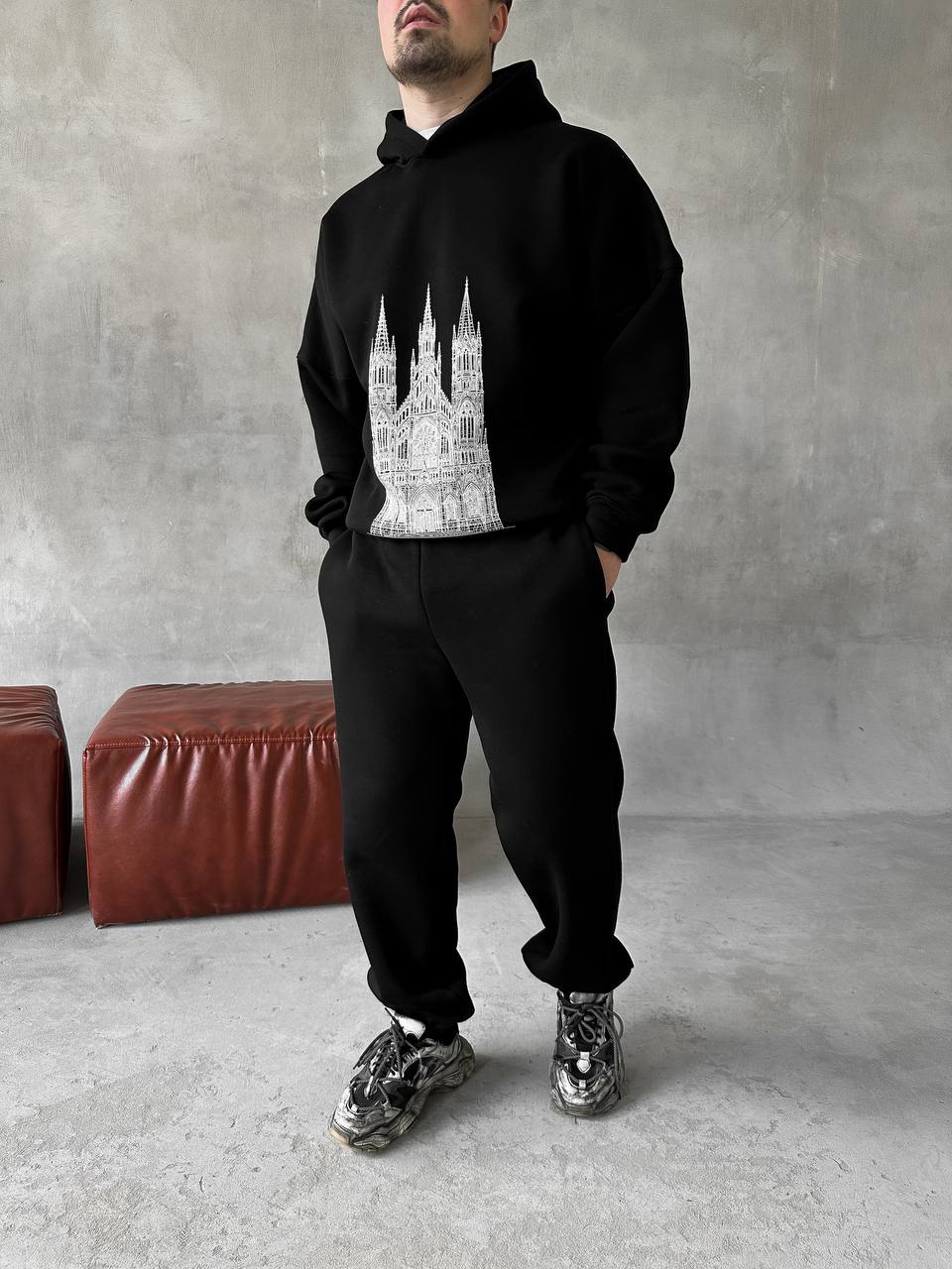 photo_2025-10-30_22-21-50 Мужской Базовый Теплый Черный Спортивный Костюм с Принтом - Толстовка Штаны с Начесом