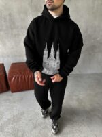 Мужской Базовый Теплый Черный Спортивный Костюм с Принтом - Толстовка Штаны с Начесом