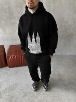 Мужской Базовый Теплый Черный Спортивный Костюм с Принтом - Толстовка Штаны с Начесом