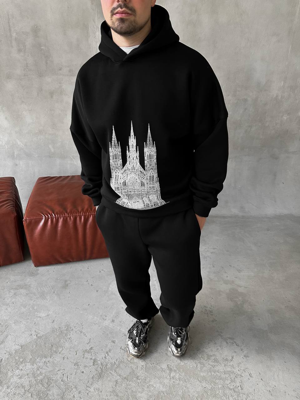 photo_2025-10-30_22-21-51 (2) Мужской Базовый Теплый Черный Спортивный Костюм с Принтом - Толстовка Штаны с Начесом