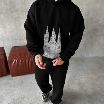 Мужской Базовый Теплый Черный Спортивный Костюм с Принтом - Толстовка Штаны с Начесом