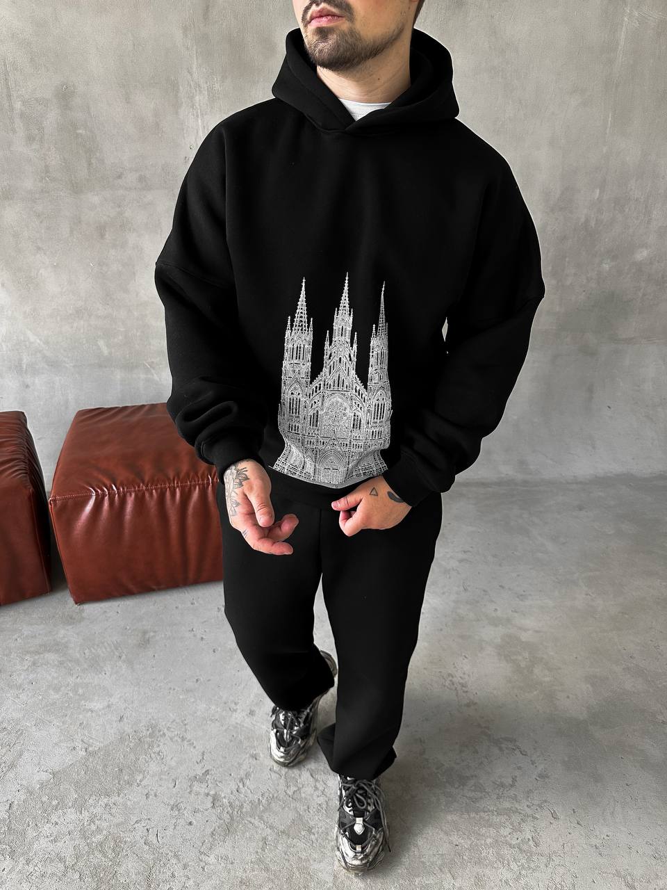 photo_2025-10-30_22-21-51 Мужской Базовый Теплый Черный Спортивный Костюм с Принтом - Толстовка Штаны с Начесом
