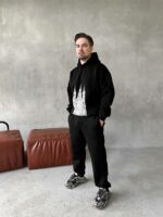 Мужской Базовый Теплый Черный Спортивный Костюм с Принтом - Толстовка Штаны с Начесом