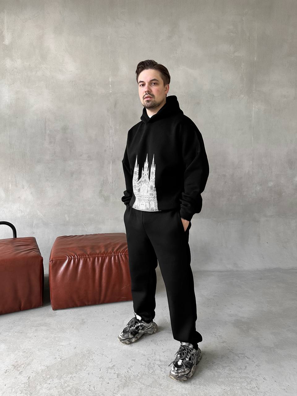 photo_2025-10-30_22-21-52 Мужской Базовый Теплый Черный Спортивный Костюм с Принтом - Толстовка Штаны с Начесом