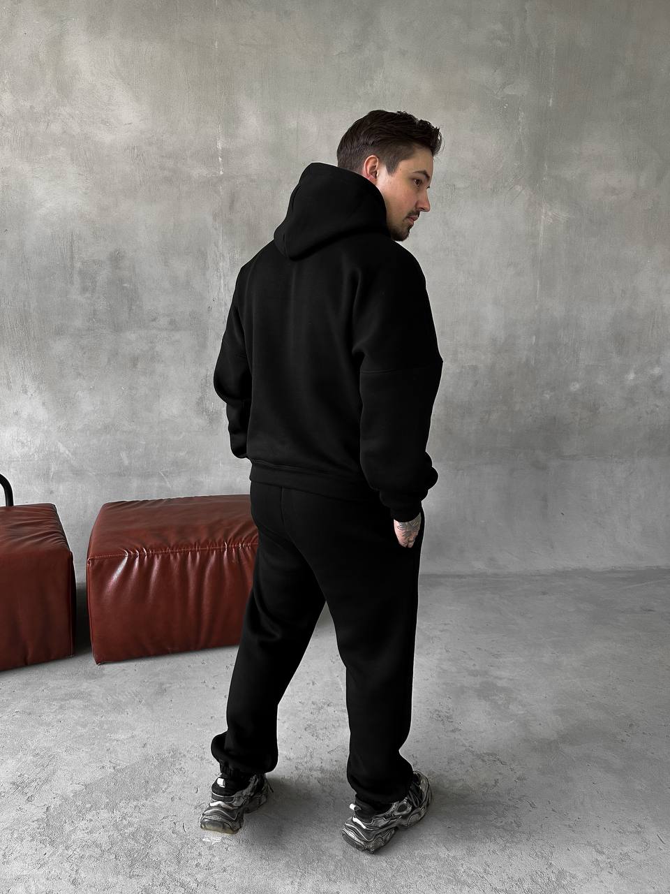 photo_2025-10-30_22-21-56 Мужской Базовый Теплый Черный Спортивный Костюм с Принтом - Толстовка Штаны с Начесом