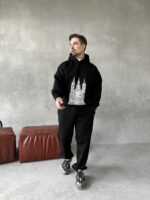 Мужской Базовый Теплый Черный Спортивный Костюм с Принтом - Толстовка Штаны с Начесом