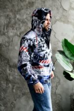 Мужской Черно-Белый Анорак Плащевка с Капюшоном - Свободного Кроя с Принтом Комикс