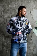 Мужской Черно-Белый Анорак Плащевка с Капюшоном - Свободного Кроя с Принтом Комикс