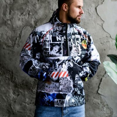 Мужской Черно-Белый Анорак Плащевка с Капюшоном - Свободного Кроя с Принтом Комикс