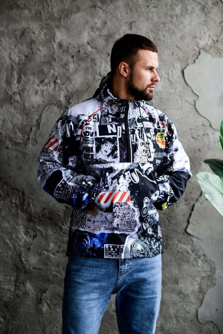 photo_2025-10-31_14-15-16 (2) Мужской Черно-Белый Анорак Плащевка с Капюшоном - Свободного Кроя с Принтом Комикс