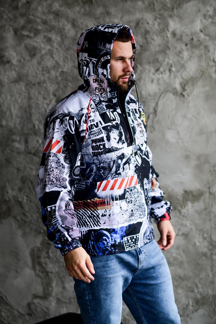 photo_2025-10-31_14-15-16 Мужской Черно-Белый Анорак Плащевка с Капюшоном - Свободного Кроя с Принтом Комикс