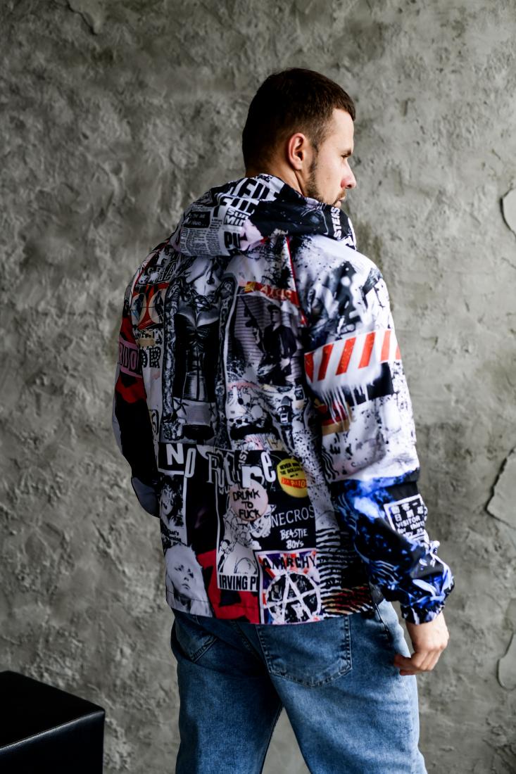 photo_2025-10-31_14-15-17 Мужской Черно-Белый Анорак Плащевка с Капюшоном - Свободного Кроя с Принтом Комикс