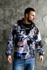 Мужской Черно-Белый Анорак Плащевка с Капюшоном - Свободного Кроя с Принтом Комикс