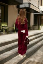 Женский Свободный Трикотажный Бордовый Костюм с Кантом - Кофта на Молнии + Штаны Прямого Кроя