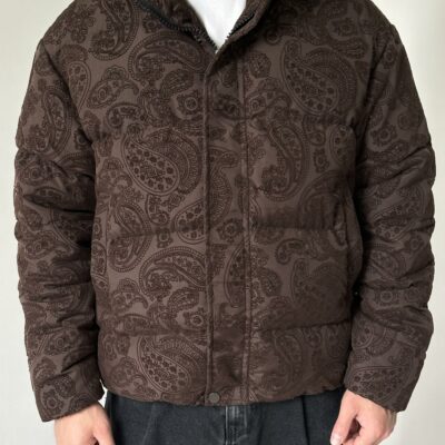 Мужская Зимняя Коричневая Дутая Куртка Пуфер в Этнический Узор
