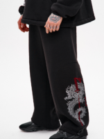 Мужские Широкие Черные Спортивные Штаны с Вышивкой - Утепленные на Флисе