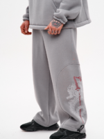 Мужские Широкие Серые Спортивные Штаны с Вышивкой - Утепленные на Флисе