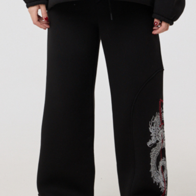 Женские Утепленные Широкие Черные Спортивные Штаны с Вышивкой