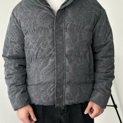 Мужская Зимняя Серая Дутая Куртка Пуфер в Этнический Узор