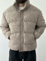 Мужская Зимняя Бежевая Дутая Куртка Пуфер в Этнический Узор