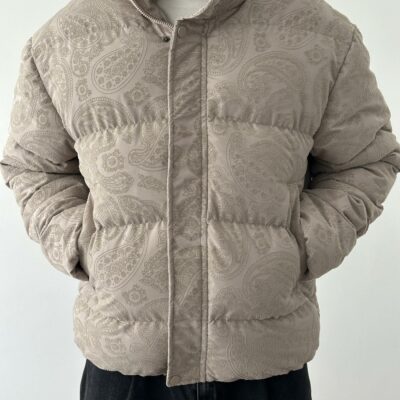 Мужская Зимняя Бежевая Дутая Куртка Пуфер в Этнический Узор