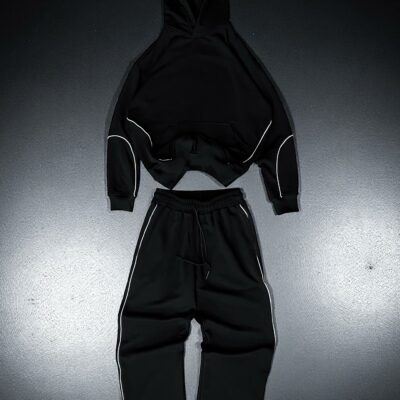 Мужской Черный Спортивный Костюм Оверсайз с Фиксаторами и Кантом (Худи + Штаны)