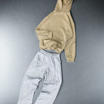 Мужской Спортивный Костюм Оверсайз с Фиксаторами и Кантом - Бежевое Худи + Серые Штаны