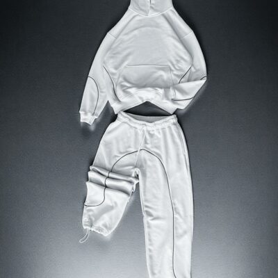 Мужской Белый Спортивный Костюм Оверсайз с Фиксаторами и Кантом (Худи + Штаны)
