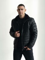 Мужская Теплая Черная Дубленкам на Молнии - Стеганая Кожаная Куртка на Меху