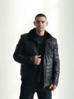 Мужская Теплая Черная Дубленкам на Молнии - Стеганая Кожаная Куртка на Меху