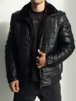 Мужская Теплая Черная Дубленкам на Молнии - Стеганая Кожаная Куртка на Меху