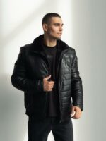 Мужская Теплая Черная Дубленкам на Молнии - Стеганая Кожаная Куртка на Меху