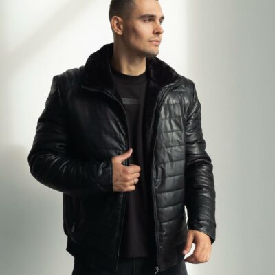 Мужская Теплая Черная Дубленкам на Молнии - Стеганая Кожаная Куртка на Меху