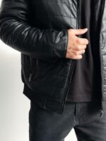 Мужская Теплая Черная Дубленкам на Молнии - Стеганая Кожаная Куртка на Меху