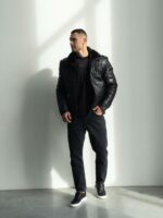 Мужская Теплая Черная Дубленкам на Молнии - Стеганая Кожаная Куртка на Меху