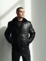 Мужская Теплая Черная Дубленкам на Молнии - Стеганая Кожаная Куртка на Меху