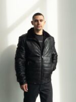 Мужская Теплая Черная Дубленкам на Молнии - Стеганая Кожаная Куртка на Меху