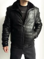 Мужская Теплая Черная Дубленкам на Молнии - Стеганая Кожаная Куртка на Меху