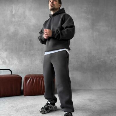 Мужской Базовый Теплый Графитовый Спортивный Костюм с Начесом (Толстовка + Штаны)
